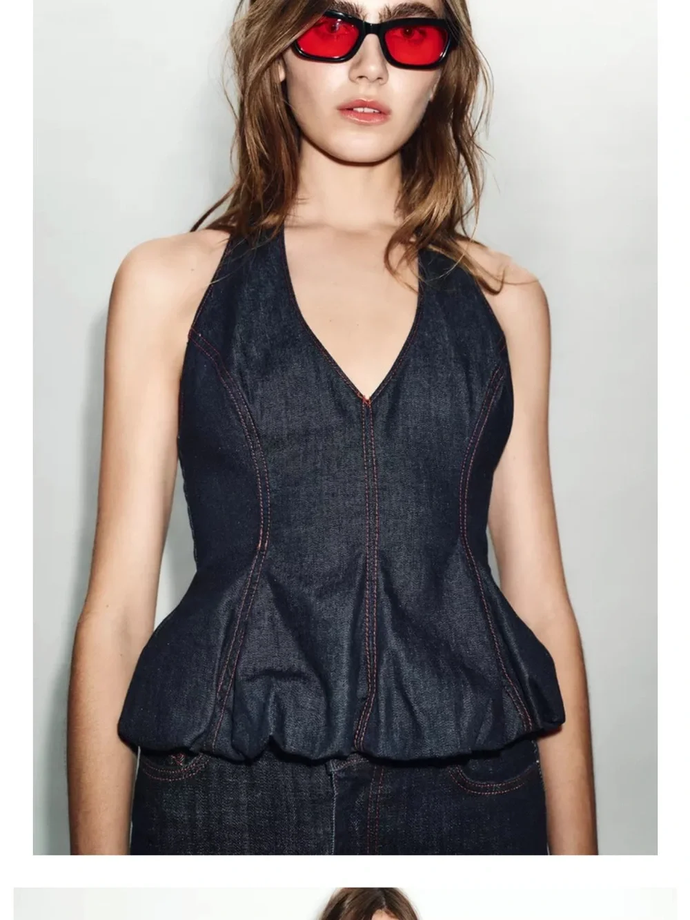 Zara Denim Balloon Halter Top and midi Skirt Set
